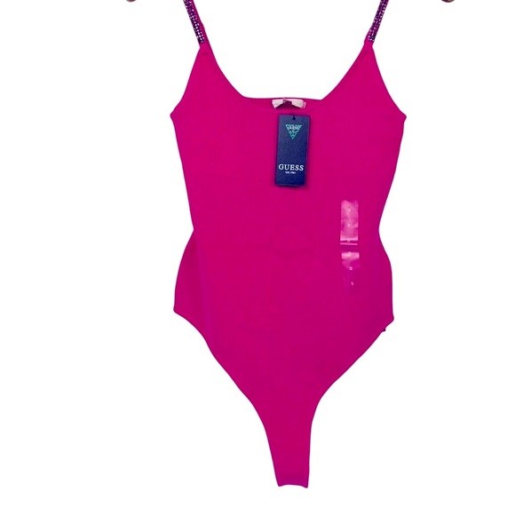 Guess Rhinestone Thong Bodysuit With Rhinestone Straps Rose Fuchsia Pink S NWT - Picture 1 of 13
